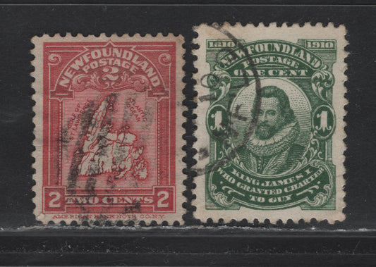 Lot 109 Newfoundland #86 2c Rose Carmine & Deep Green, 1908 Map Of Newfoundland Issue, 2 VF Used Singles On ABNN-N, Perf 12x11.9 & WM-A, Perf 11.75