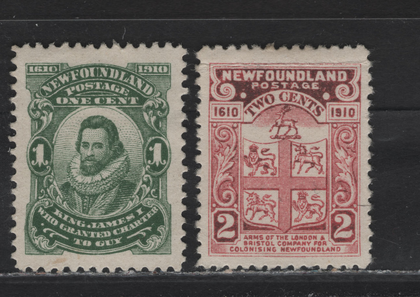 Lot 110 Newfoundland #87a, 88 1c Deep Green & Carmine, 1910 John Cabot Issue, 2 VF & VG OG Singles On WM-A Paper With Perf 11.75
