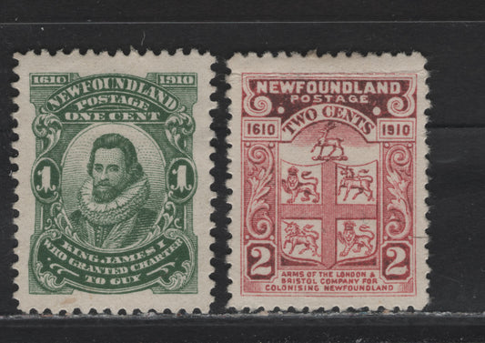 Lot 110 Newfoundland #87a, 88 1c Deep Green & Carmine, 1910 John Cabot Issue, 2 VF & VG OG Singles On WM-A Paper With Perf 11.75