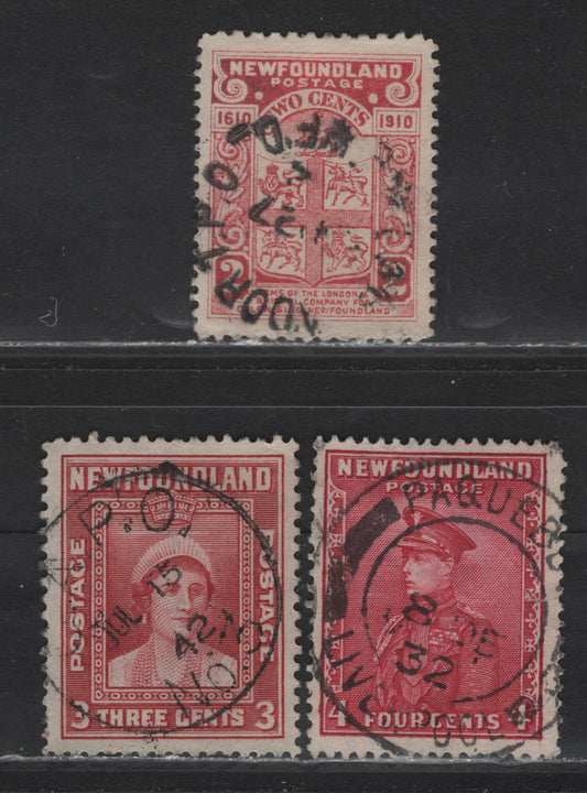 Lot 111 Newfoundland #88a,189,255 2c Rose, 4c Rose Carmine, 3c Carmine, 1910 Guy Issue - 1941-49 Resources Issue, 3 VF Used Singles With Special Cancellations