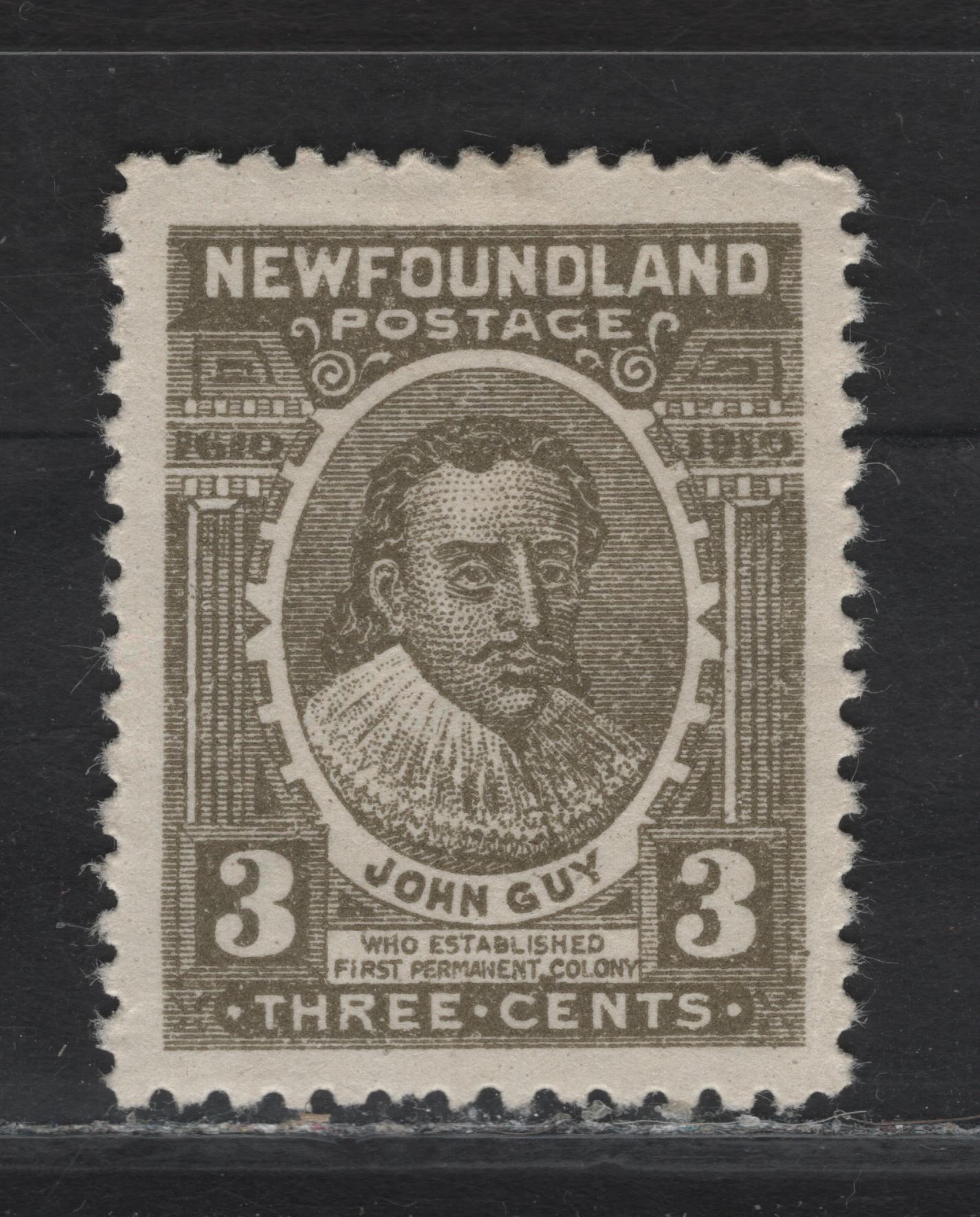 Lot 112 Newfoundland #89 3c Brown Olive, 1910 Guy Issue, A VFOG Single On Paper WM-A, Perf 11.75