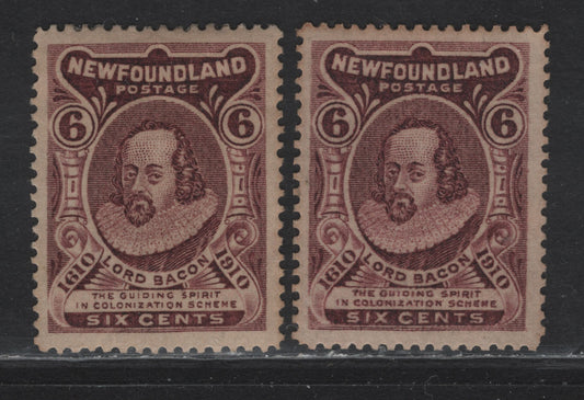 Lot 120 Newfoundland #98 6c Brown Violet, 1911 Engraved John Guy Issue, 2 VFOG Singles Two Shades On WM-I Paper And Line Perf 14.25x14 & 14.25x14.1