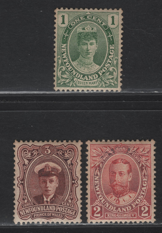 Lot 125 Newfoundland #104105106 1c Green - 3c Red Brown, 1911 Royal Family Issue, 3 VFOG Singles On Paper WM-B, Comb Perf Printings, Perf 13.9x14.1, Some Light Overall Toning