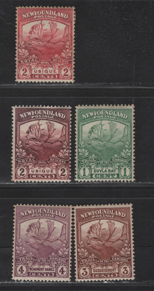 Lot 136 Newfoundland #115-118 1c Green - 4c Violet, 1919-1923 Trail Of The Caribou Issue, 5 F & VF OG Singles Comb Perf Printings, Measuring 14.25x14. Two Shades Of The 2c, One Of Which Is Oxidized, One 2c Is NH