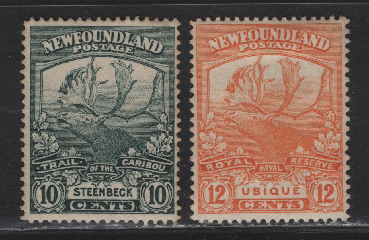 Lot 140 Newfoundland #122, 123 10c Dark Green & 12c Orange, 1919-1923 Trail Of The Caribou Issue, 2 F&VF OG Singles On Paper WM-F, Comb Perf 14.25x14