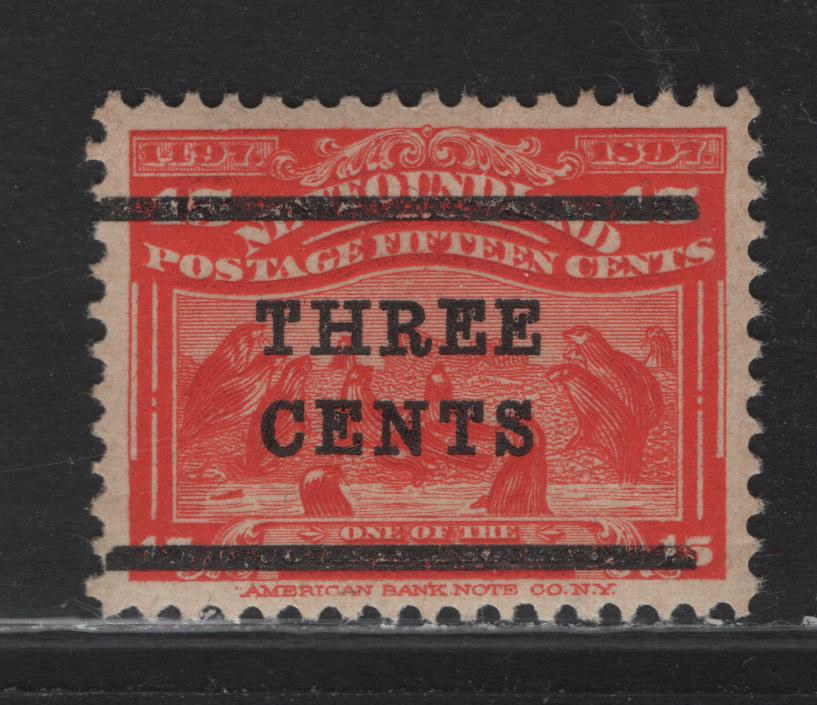 Lot 146 Newfoundland #129 3c On 15c Scarlet, 1920 Surcharges Issue, A VFNH Single Type 2, With Surcharge Bars 13 1/2mm Apart