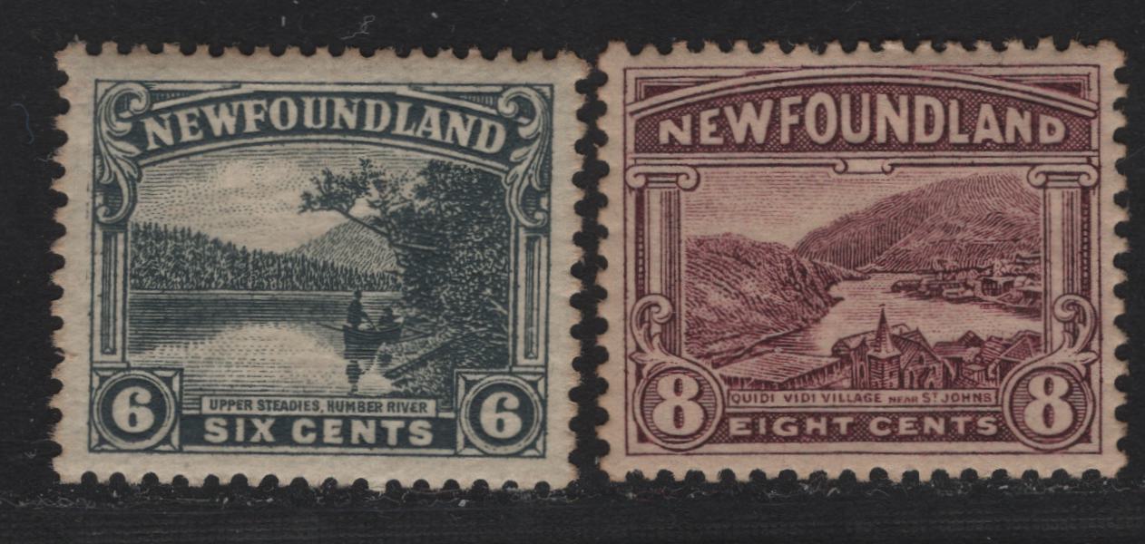 Lot 152 Newfoundland #136-137 6c-8c Grey & Dull Purple Upper Steadies & Quidi Vidi, 1923-1924 Pictorial Issue, 2 VFOG Singles Paper WM-H, Comb Perf. 14 x 13.8, 14