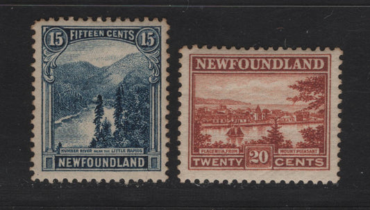 Lot 156 Newfoundland #142-143 15c-20c Dark Blue & Chestnut Little Rapids & Placentia, 1923-1924 Pictorial Issue, 2 Fine & VFOG Singles Paper WM-G & WM-N, Line Perf. 14.1 & Comb Perf. 14.1 x 13.8