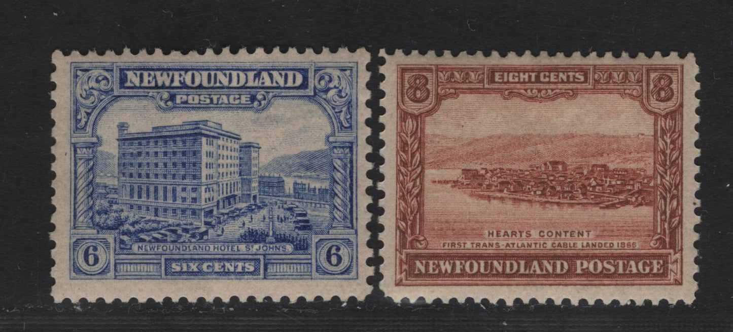 Lot 159 Newfoundland #150-151 6c-8c Ultramarine & Light Red Brown Newfoundland Hotel & Heart's Content, 1928 Publicity Issue , 2 Fine & VFOG Singles Paper WM-I, Comb Perf. 13.7 x 12.75 & Line Perf. 14.1 x 13.9