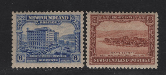 Lot 159 Newfoundland #150-151 6c-8c Ultramarine & Light Red Brown Newfoundland Hotel & Heart's Content, 1928 Publicity Issue , 2 Fine & VFOG Singles Paper WM-I, Comb Perf. 13.7 x 12.75 & Line Perf. 14.1 x 13.9