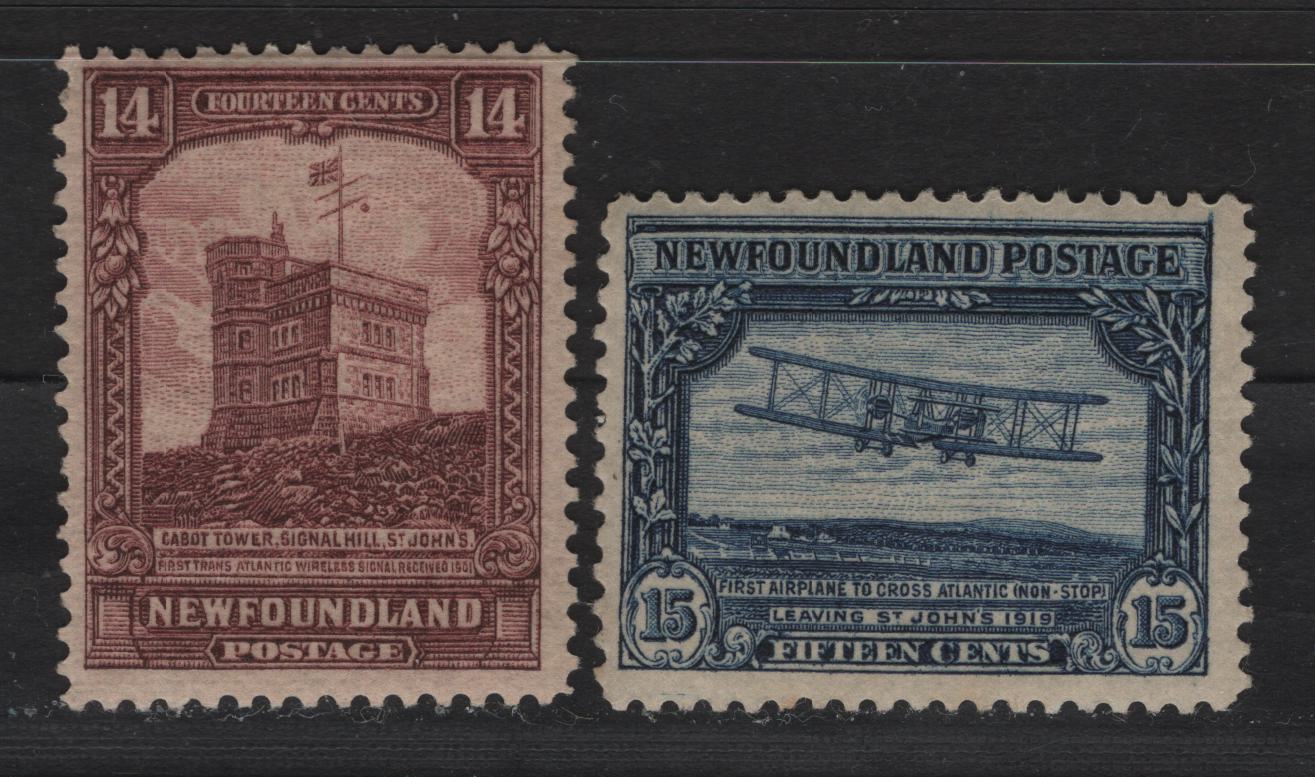 Lot 161 Newfoundland #155-156 14c-15c Red Brown & Dark Blue Cabot Tower & Biplane, 1928 Publicity Issue , 2 Fine & VFOG Singles Papers WM-G & WM-J, Line Perf 14 x 14.2 & 14.2 x 13.75