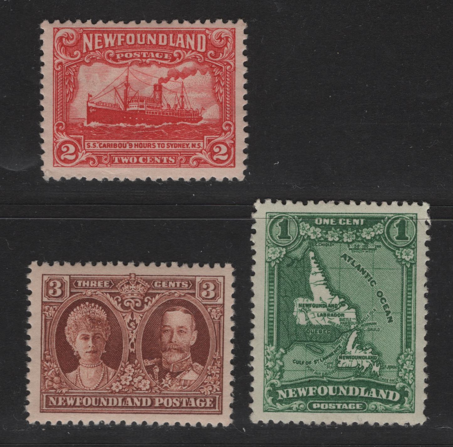 Lot 164 Newfoundland #163-165 1c-3c Green - Deep Red Brown Map of Newfoundland - King George V & Queen Mary, 1929-1931 Re-Engraved Publicity Issue, 3 VFOG Singles