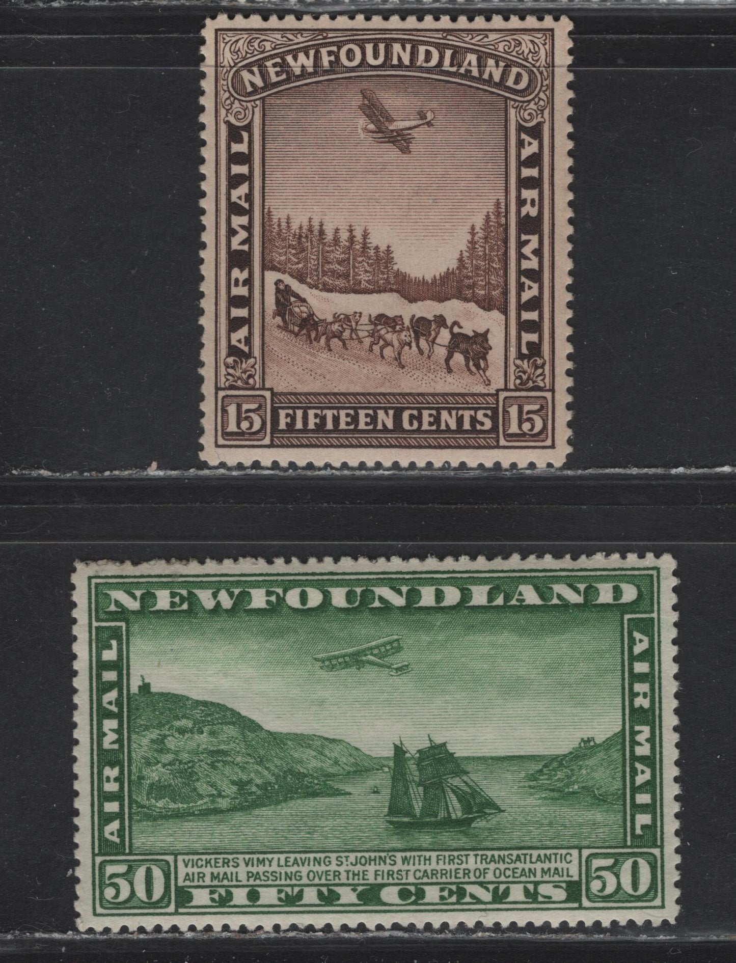 Lot 177 Newfoundland #C6-C7 15c-50c Brown & Green Dog Sled & Airplane, Airplane & Packet Ship, 1931 Unwatermarked Airmail Issue, 2 VFOG Singles