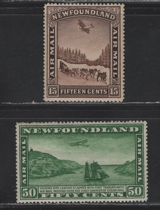 Lot 177 Newfoundland #C6-C7 15c-50c Brown & Green Dog Sled & Airplane, Airplane & Packet Ship, 1931 Unwatermarked Airmail Issue, 2 VFOG Singles