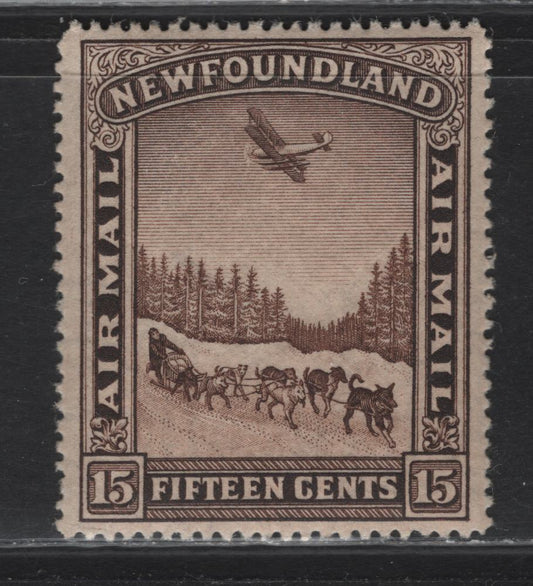 Lot 179 Newfoundland #C9 15c Brown Dog Sled & Airplane, 1931 Watermarked Airmail Issue, A VFOG Single