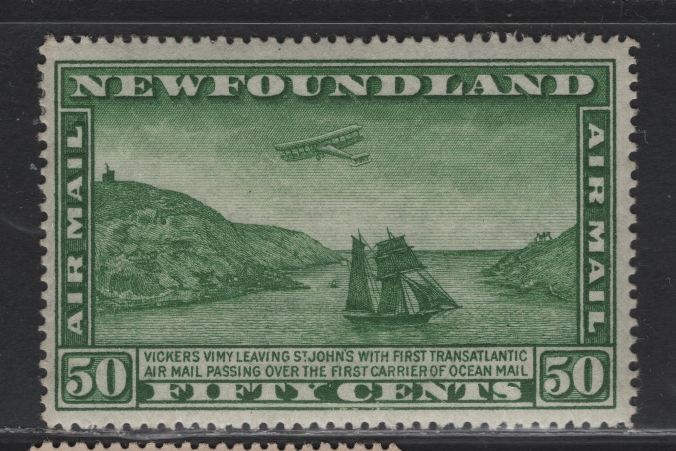Lot 180 Newfoundland #C10 (Gibbons #196w) 50c Green Airplane & Packet Ship, 1931 Watermarked Airmail Issue, A VFOG Single Scarce Watermark Sideways-Inverted (Top Of Shield Points Right Instead Of Left), Listed Only in Gibbons