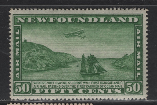 Lot 180 Newfoundland #C10 (Gibbons #196w) 50c Green Airplane & Packet Ship, 1931 Watermarked Airmail Issue, A VFOG Single Scarce Watermark Sideways-Inverted (Top Of Shield Points Right Instead Of Left), Listed Only in Gibbons