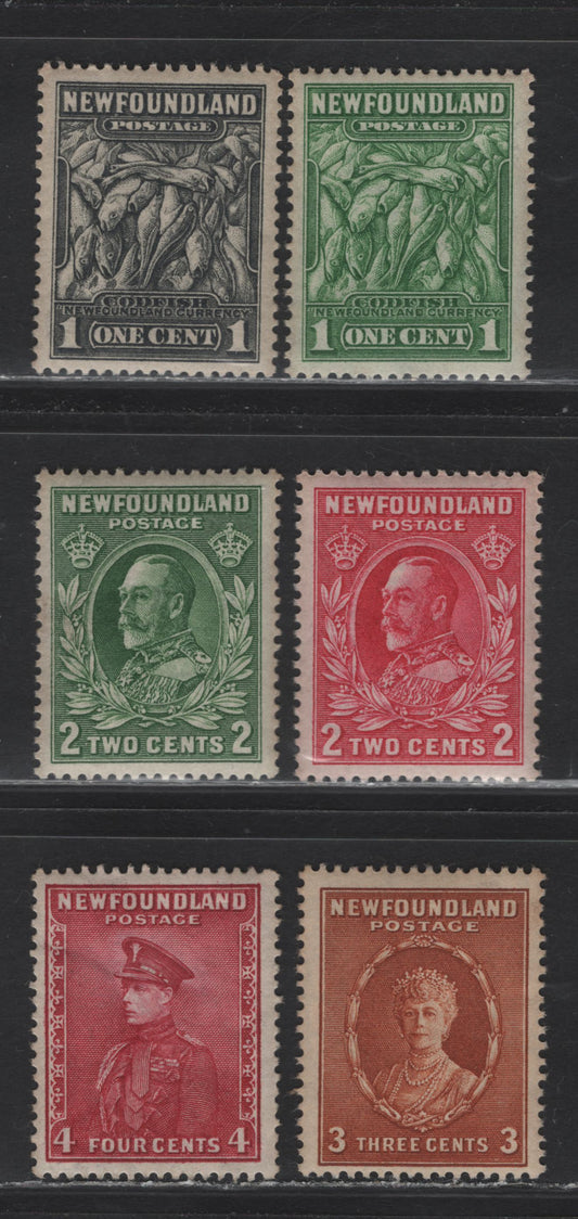 Lot 187 Newfoundland #183-187, 189 1c-4c Green-Carmine-Lake Codfish - Prince Of Wales, 1932-1937 Perkins Bacon Resources Issue, 6 Fine & VFNH Singles