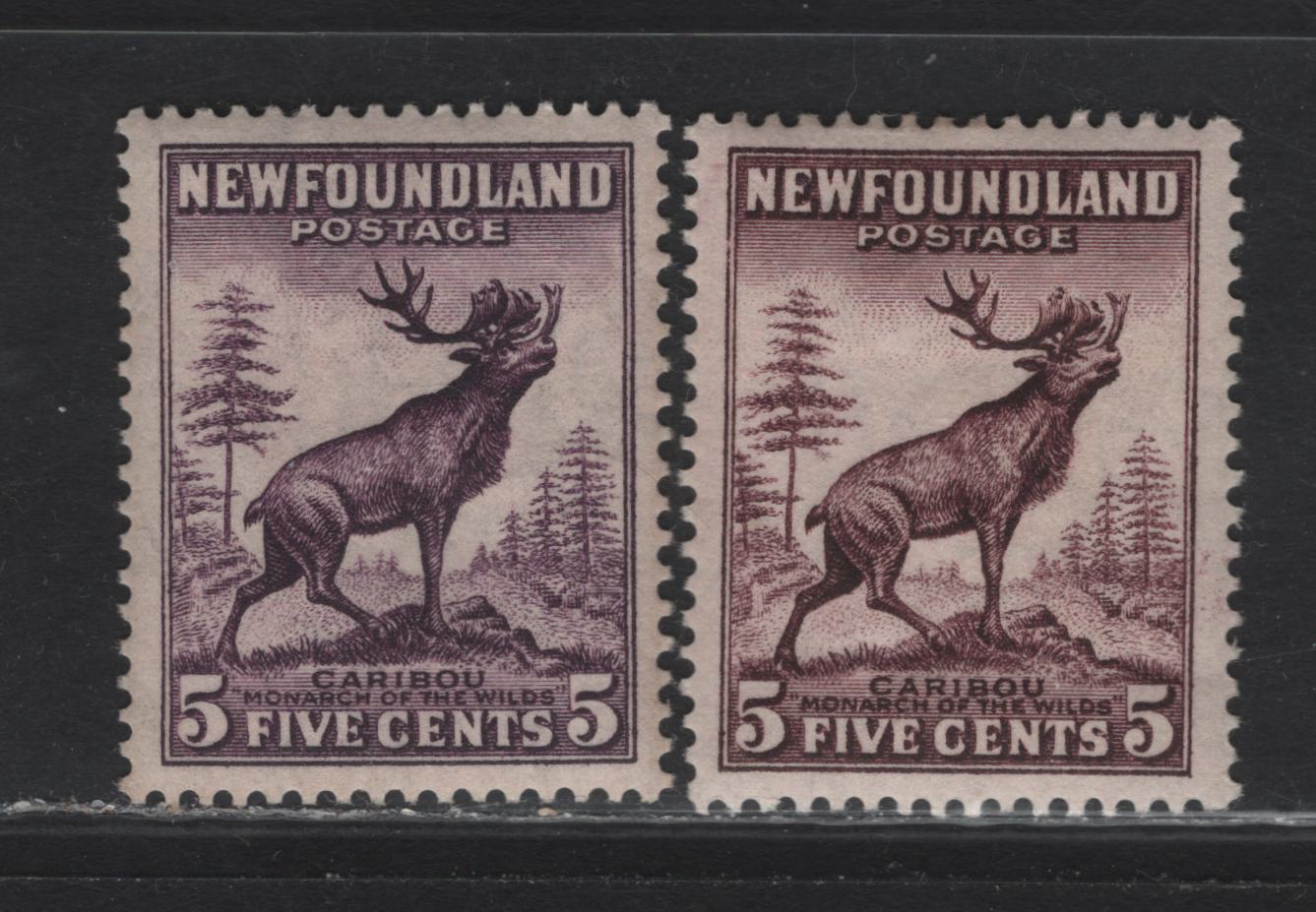 Lot 188 Newfoundland #190-191 5c Violet Brown & Deep Violet Caribou, 1932-1937 Perkins Bacon Resources Issue, 2 VFOG Singles Dies 1 & 2