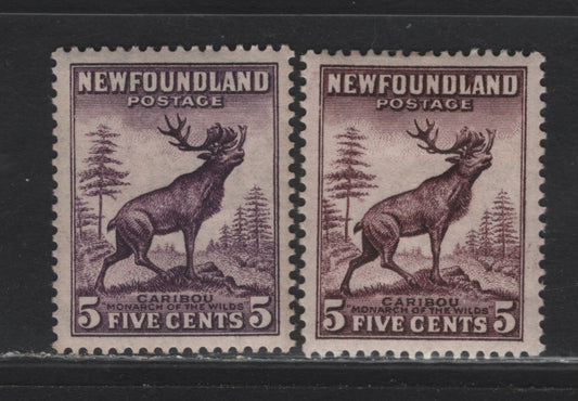 Lot 188 Newfoundland #190-191 5c Violet Brown & Deep Violet Caribou, 1932-1937 Perkins Bacon Resources Issue, 2 VFOG Singles Dies 1 & 2