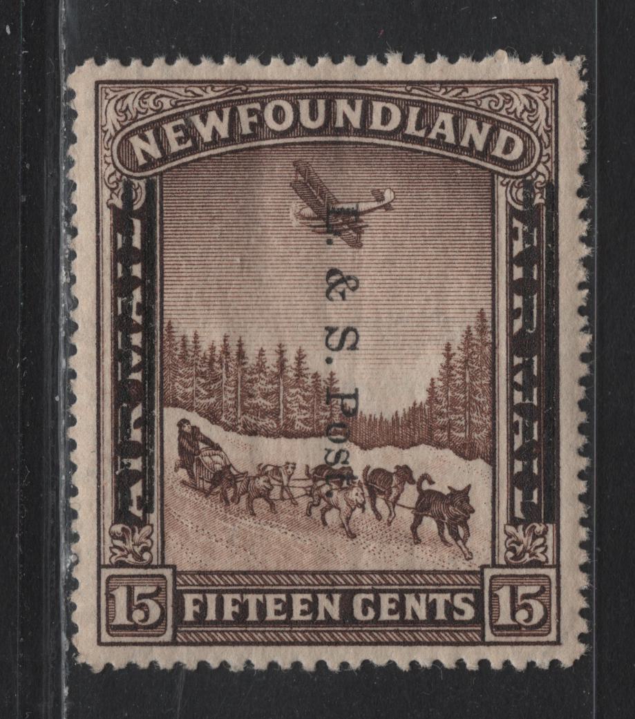 Lot 194 Newfoundland #211 15c Brown Dogsled & Airplane, 1933 Land & Sea Post Overprint, A VFNH Single Line Perf. 13.8