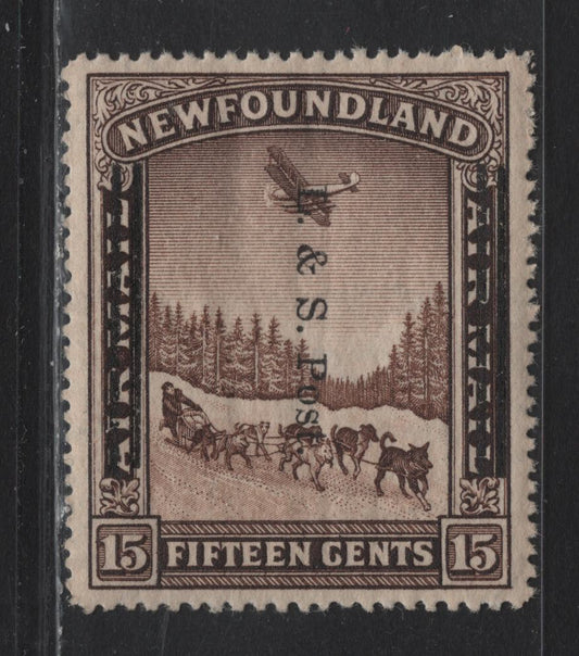 Lot 194 Newfoundland #211 15c Brown Dogsled & Airplane, 1933 Land & Sea Post Overprint, A VFNH Single Line Perf. 13.8