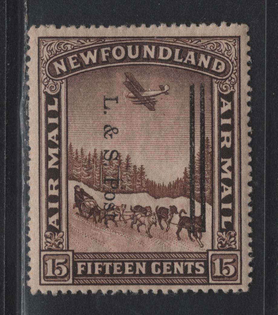 Lot 195 Newfoundland #211iiivar 15c Brown Dogsled & Airplane, 1933 Land & Sea Post Overprint, A VFOG Single Line Perf. 14.1 & Overprint Badly Shifted