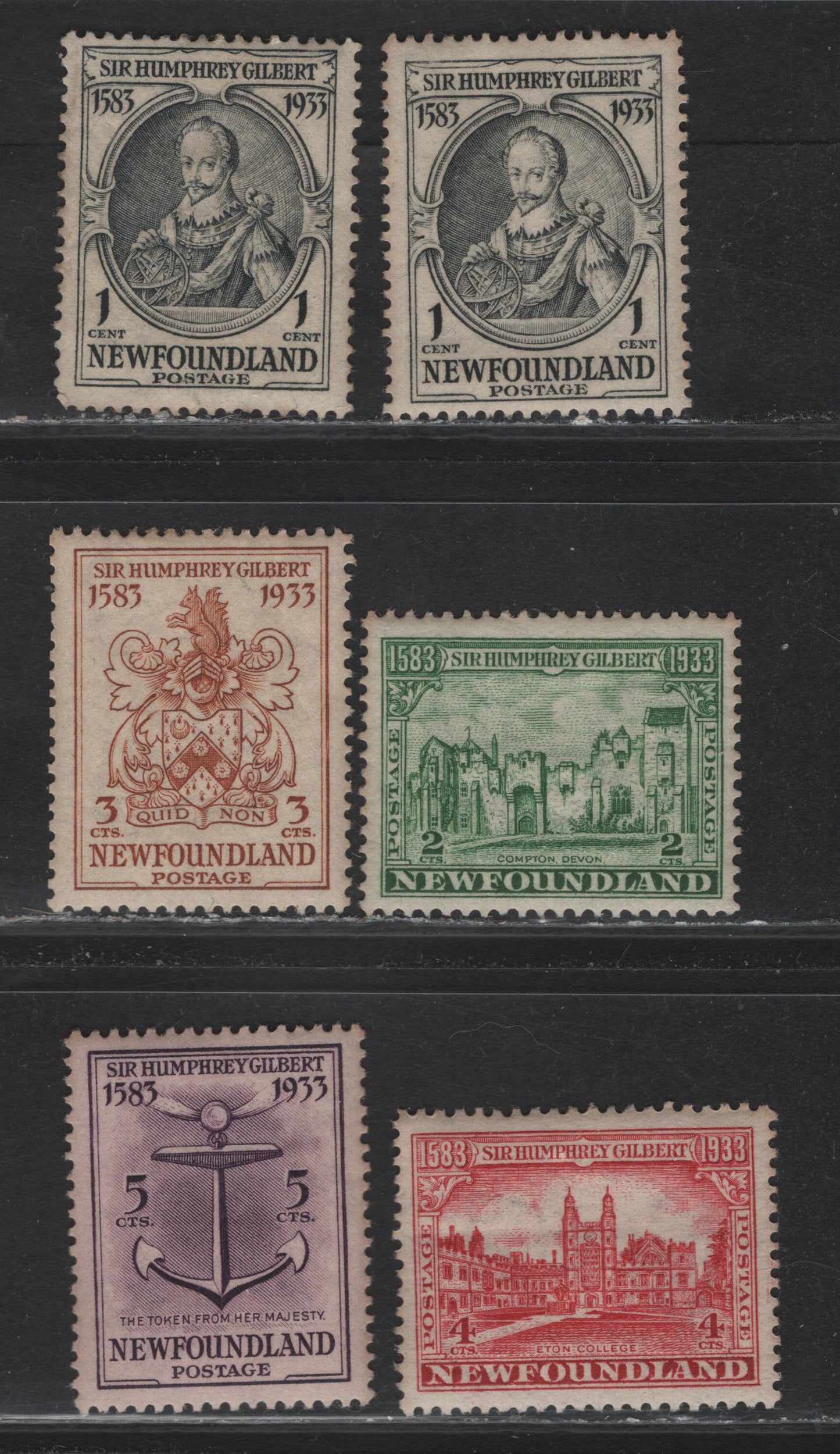 Lot 196 Newfoundland #212-216 1c-5c Grey Black - Deep Rose Lilac Sir Humphrey Gilbert - Token From Elizabeth I, 1933 Sir Humphrey Gilbert Issue, 6 Fine & VFOG Singles