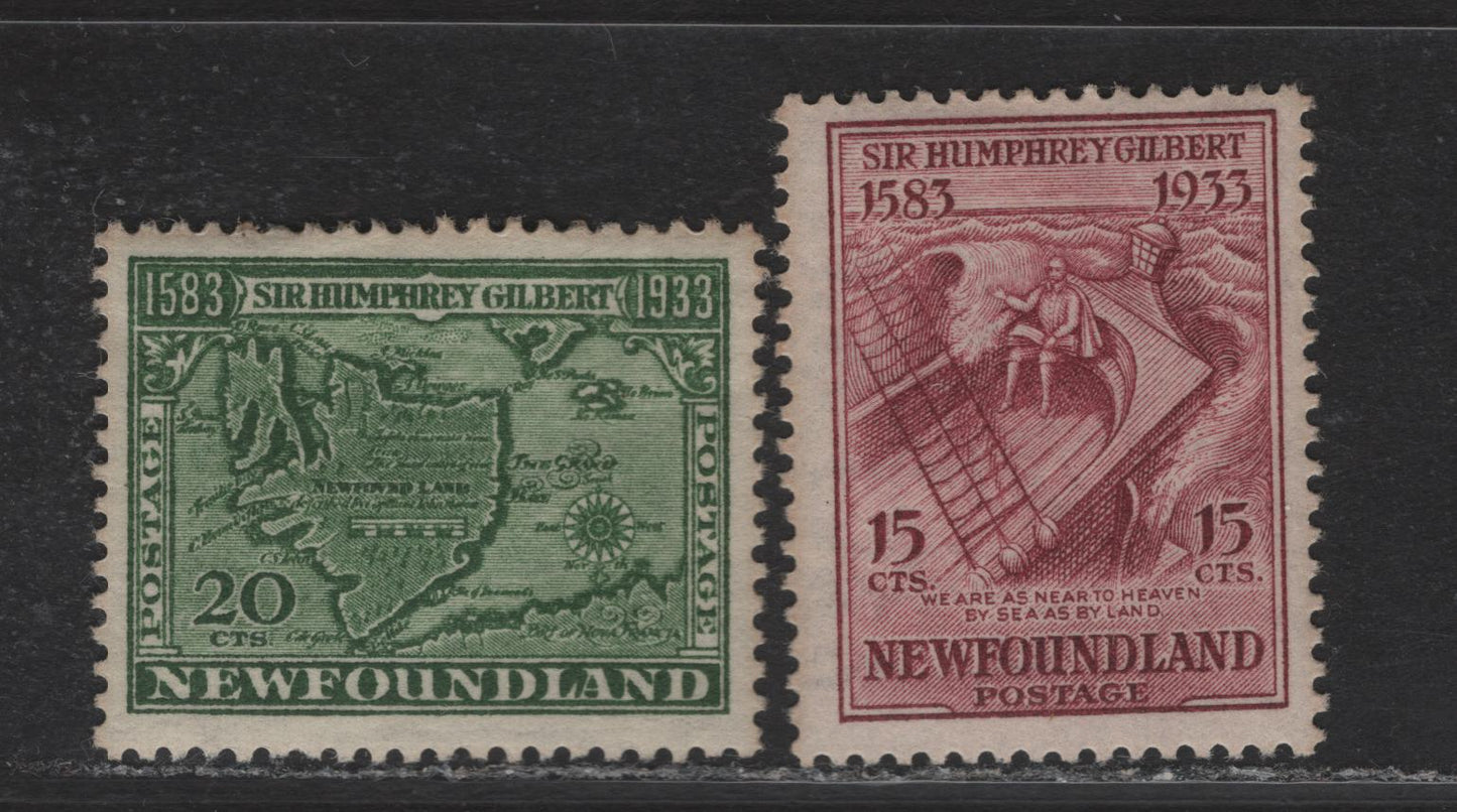 Lot 199 Newfoundland #222-223 15c-20c Claret & Deep Green Gilbert on The Squirrel & Map Of Newfoundland, 1933 Sir Humphrey Gilbert Issue, 2 Fine OG & VFOG Singles