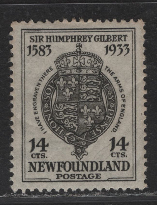 Lot 200 Newfoundland #221 14c Black Royal Garter, 1933 Sir Humphrey Gilbert Issue, A VFOG Single