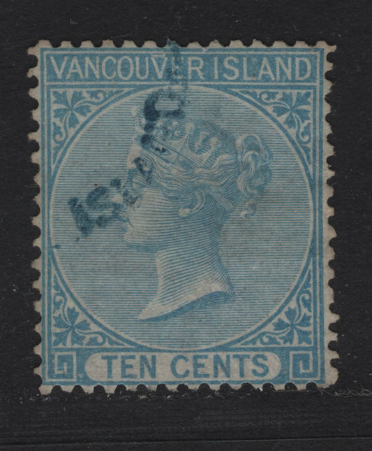 Lot 2 Vancouver Island #6 10c Blue, 1865 Queen Victoria Issue, Wmk Crown CC, A VF Used Single Very Well Centered For This Issue, Which Is Almost Always Found With Perfs Cotting The Design