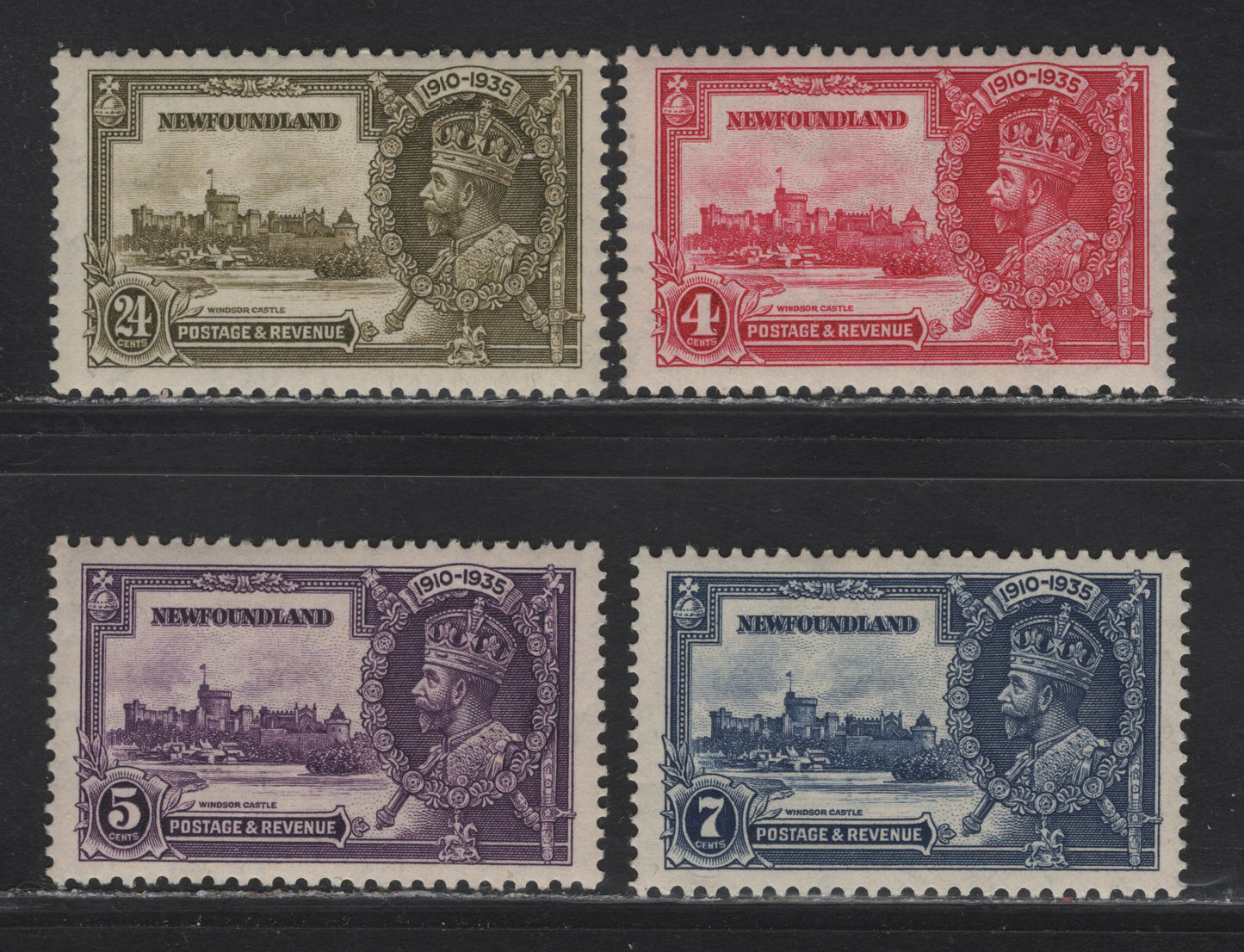 Lot 203 Newfoundland #226-229 4c-24c Cerise - Olive Green Windsor Castle, 1935 Silver Jubilee Issue, 4 VFOG Singles