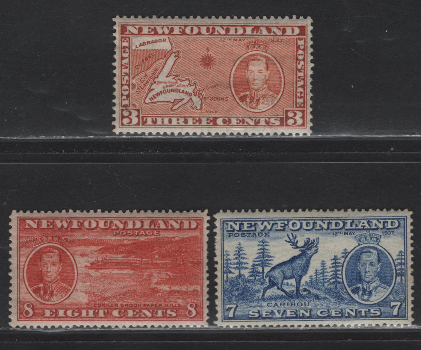 Lot 205 Newfoundland #234g, 235-236 3c-8c Orange Brown - Brown Red Newfoundland Map - Corner Brook Paper Mill, 1937 Long Coronation Issue, 3 VFNH Singles Comb Perf. 13.4 & Line Perf. 13.9