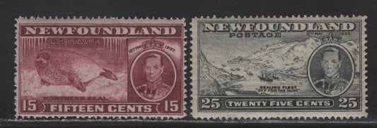 Lot 209 Newfoundland #239, 242 15c, 25c Claret, Slate Hap Seal - Sealing Fleet, 1937 Long Coronation Issue, 2 Fine NH Singles Line Perf. 14.25