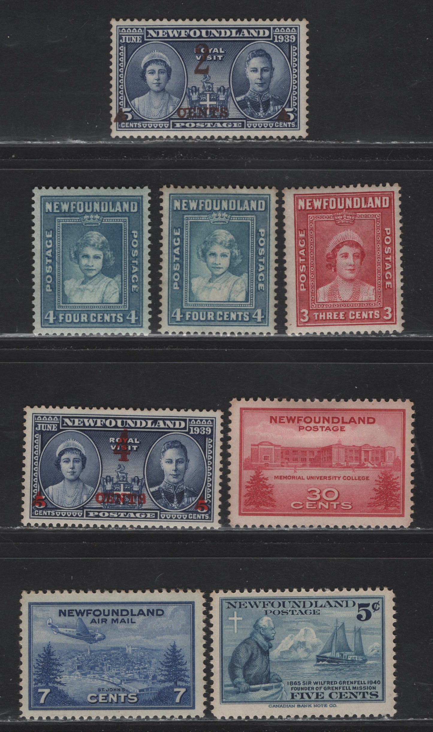 Lot 210 Newfoundland #246-247, 250-252, 267, C19 3c-7c Cerise - Ultramarine Queen Elizabeth II - Airplane Over Saint Johns, 1938 Royal Family Issue - 1943 Airmail Issue, 8 Fine OG, VFOG & VFNH Singles