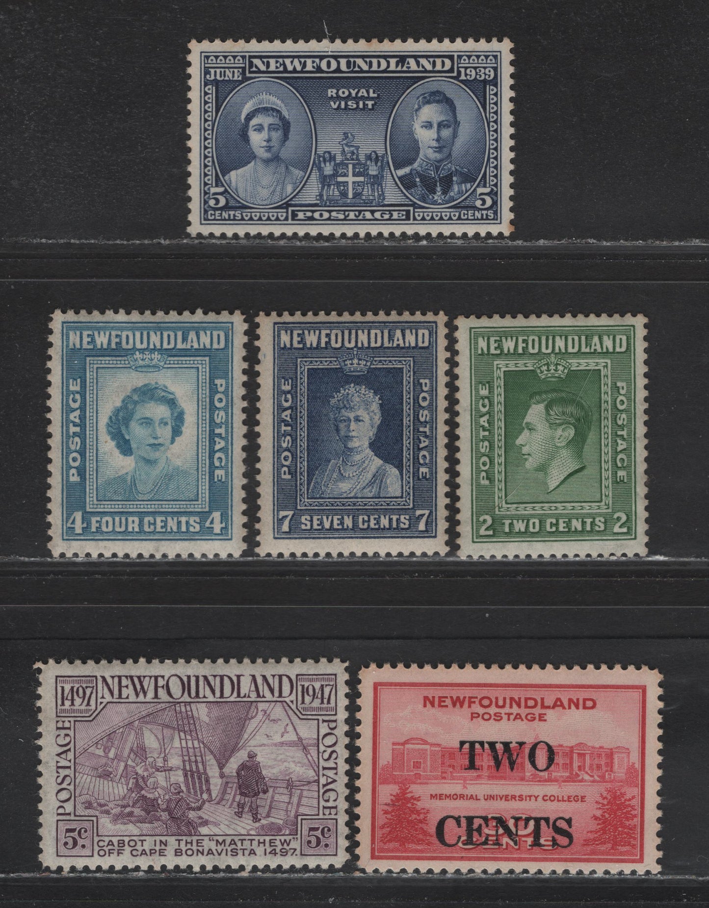 Lot 211 Newfoundland #245, 248-249, 268, 270 2c-5c Green - Rose Lilac King George VI - Cabot on The Matthew, 1938 Royal Family Issue - 1947 Discovery Of Newfoundland, 6 Fine NH & VFNH Singles
