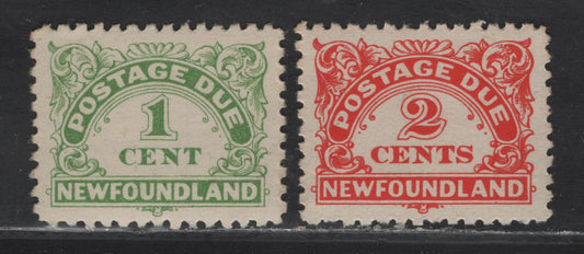 Lot 212 Newfoundland #J1-J2a 1c-2c Green & Vermilion Numeral in Ornamental Frame, 1939-1949 Postage Due Issue, 2 VFOG Singles Perf. 10-10.5