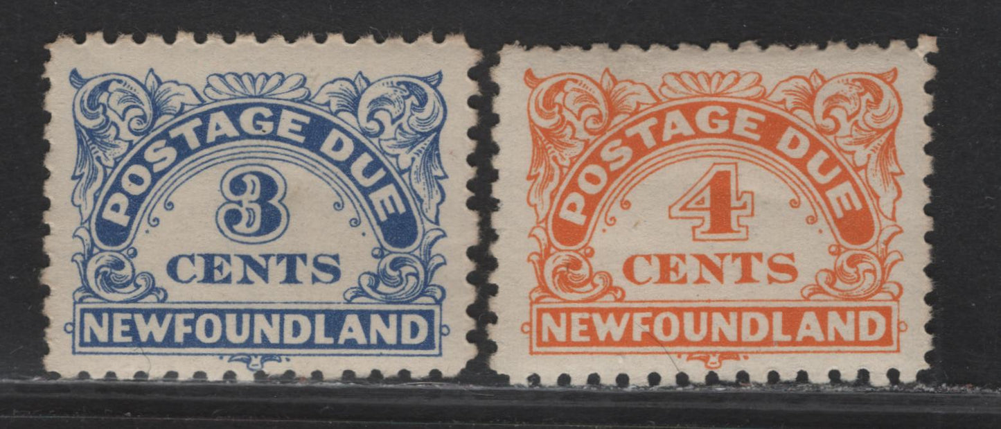 Lot 213 Newfoundland #J3, J4a 3c-4c Ultramarine & Yellow Orange Numeral in Ornamental Frame, 1939-1949 Postage Due Issue, 2 VFOG Singles