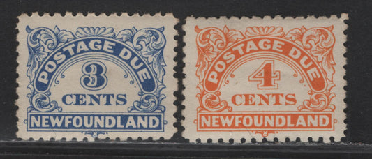 Lot 213 Newfoundland #J3, J4a 3c-4c Ultramarine & Yellow Orange Numeral in Ornamental Frame, 1939-1949 Postage Due Issue, 2 VFOG Singles