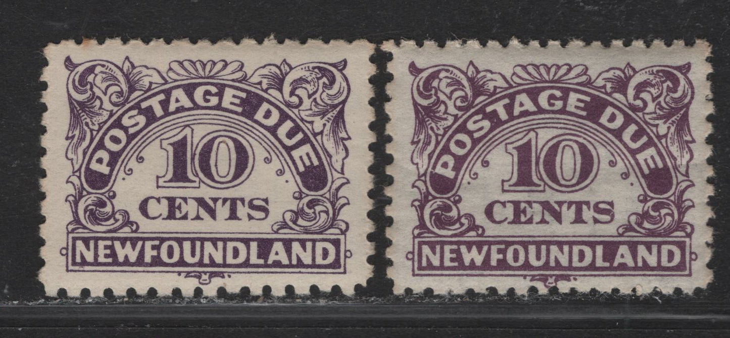 Lot 215 Newfoundland #J6-J7 10c Dark Violet Numeral in Ornamental Frame, 1939-1949 Postage Due Issue, 2 VFOG & VFNH Singles Watermarked (NH) & Unwatermarked (OG)