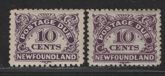 Lot 215 Newfoundland #J6-J7 10c Dark Violet Numeral in Ornamental Frame, 1939-1949 Postage Due Issue, 2 VFOG & VFNH Singles Watermarked (NH) & Unwatermarked (OG)