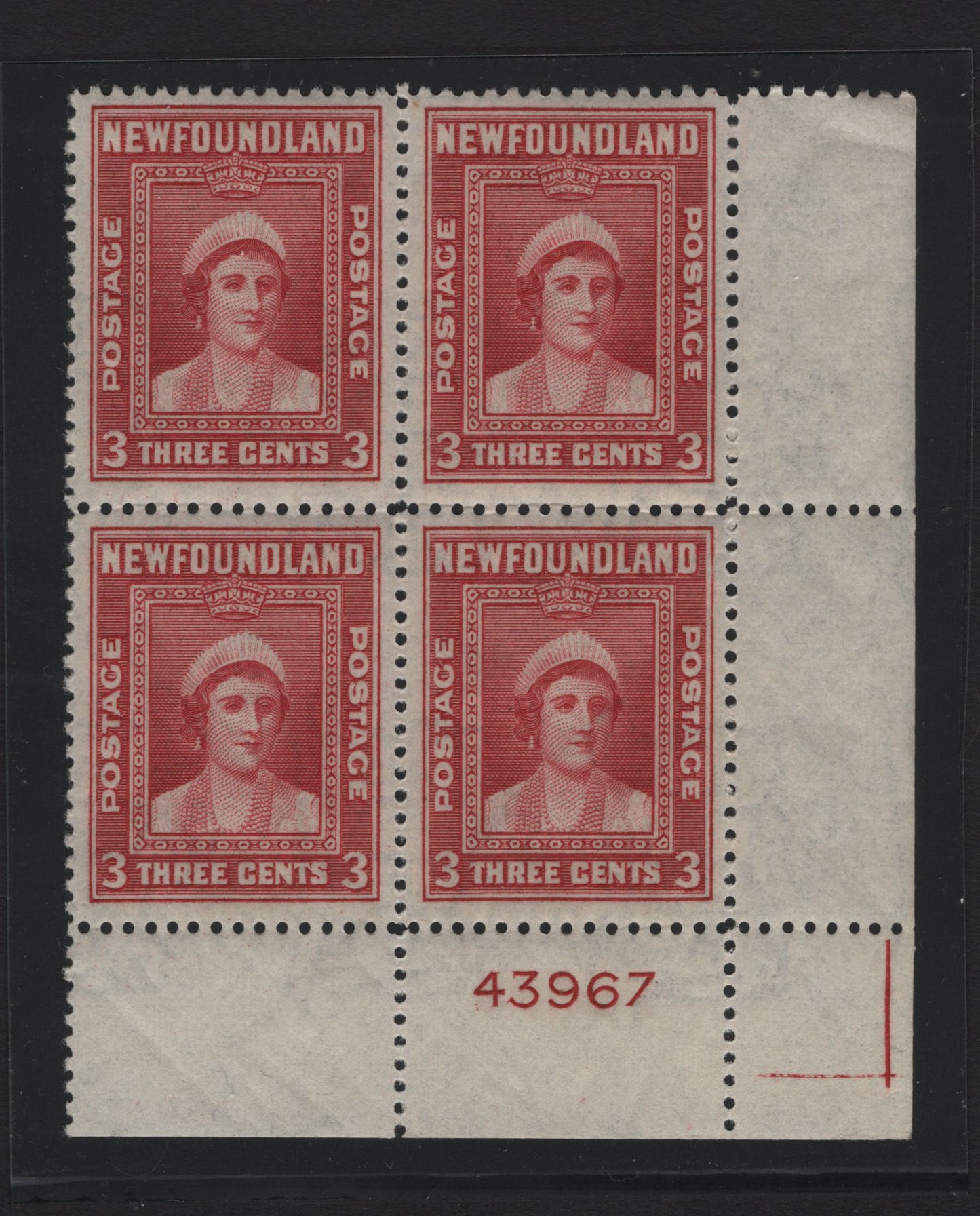 Lot 216 Newfoundland #255 3c  Carmine Queen Elizabeth, 1941-1944 Waterlow Resources Issue, A VFNH LR Plate 43967 Block of 4