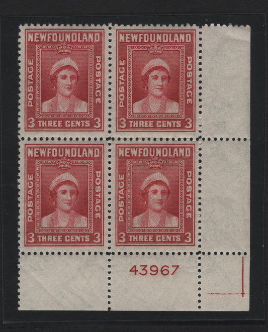 Lot 216 Newfoundland #255 3c  Carmine Queen Elizabeth, 1941-1944 Waterlow Resources Issue, A VFNH LR Plate 43967 Block of 4