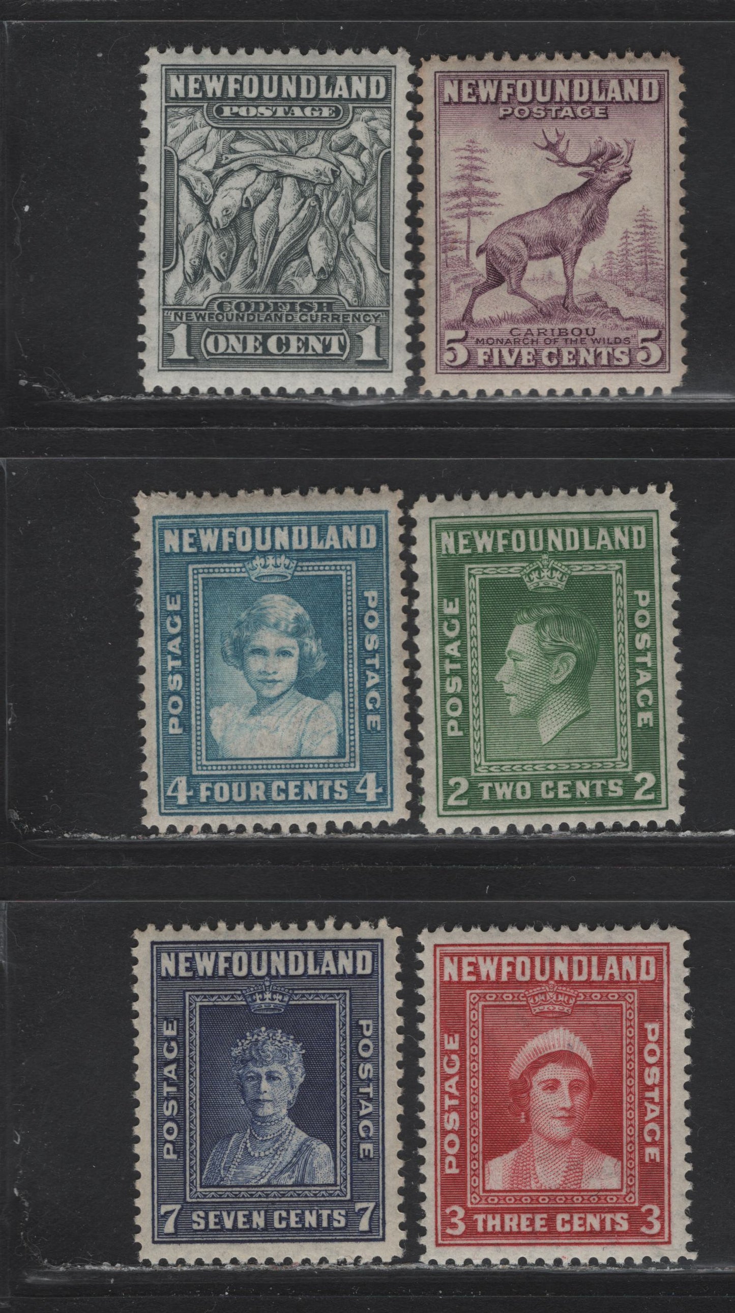 Lot 217 Newfoundland #253-258 1c-7c Dark Grey - Violet Blue Codfish - Queen Mary, 1941-1944 Waterlow Resources Issue, 6 VFNH Singles