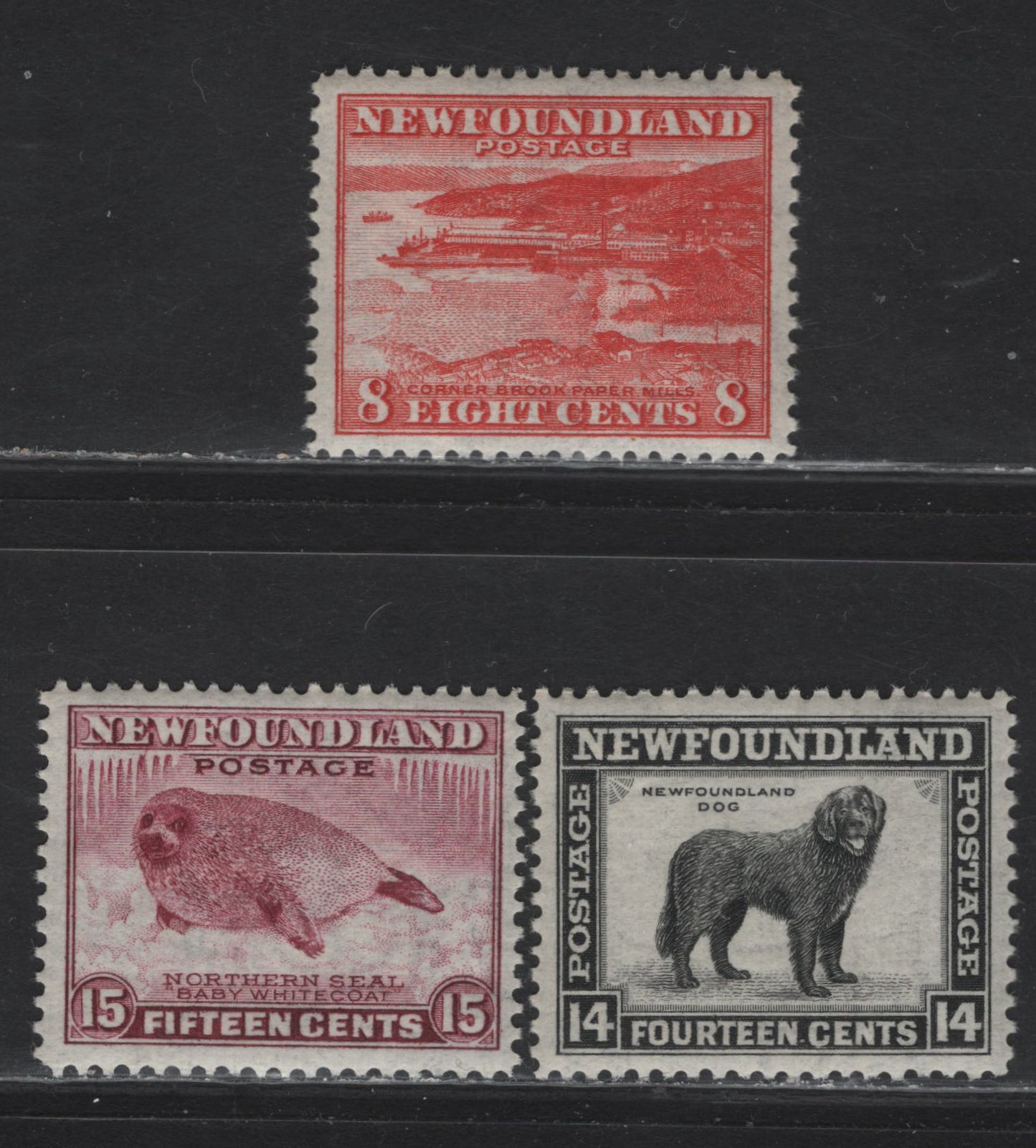 Lot 218 Newfoundland #259, 261-262 8c, 14c, 15c Brown Red - Pale Rose Violet Corner Brook Paper Mill - Harp Seal Pup, 1941-1944 Waterlow Resources Issue, 3 VFNH Singles