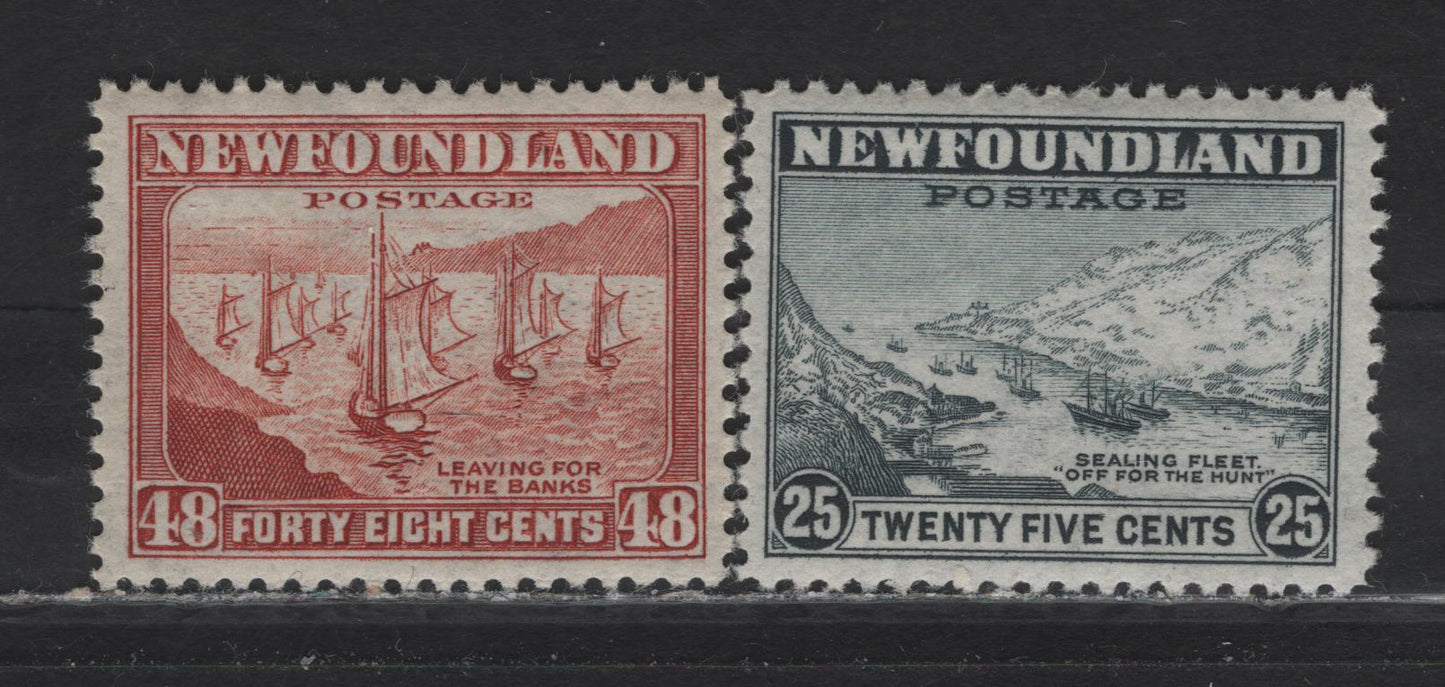 Lot 221 Newfoundland #265-266 25c-48c Slate & Red Brown Sealing Fleet & Leaving For The Banks, 1941-1944 Waterlow Resources Issue, 2 VFNH Singles