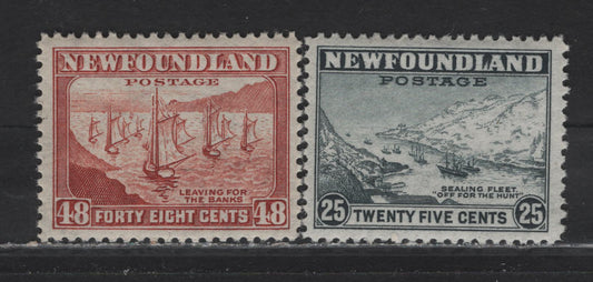 Lot 221 Newfoundland #265-266 25c-48c Slate & Red Brown Sealing Fleet & Leaving For The Banks, 1941-1944 Waterlow Resources Issue, 2 VFNH Singles