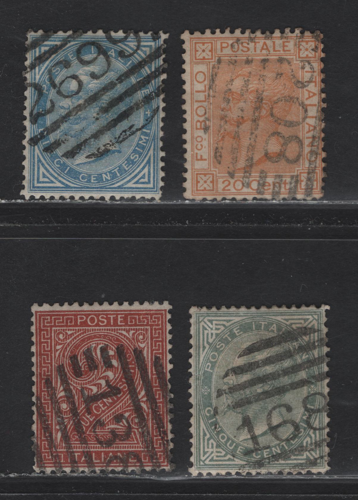 Lot 224 Italy SC#25, 26, 29, 36 2c-20c Red Brown - Orange Numeral & Victor Emmanuel II, 1863-1877 Victor Emmanuel Keyplates, 4 Fine & VF Used Singles With SON Barred Numeral Cancels
