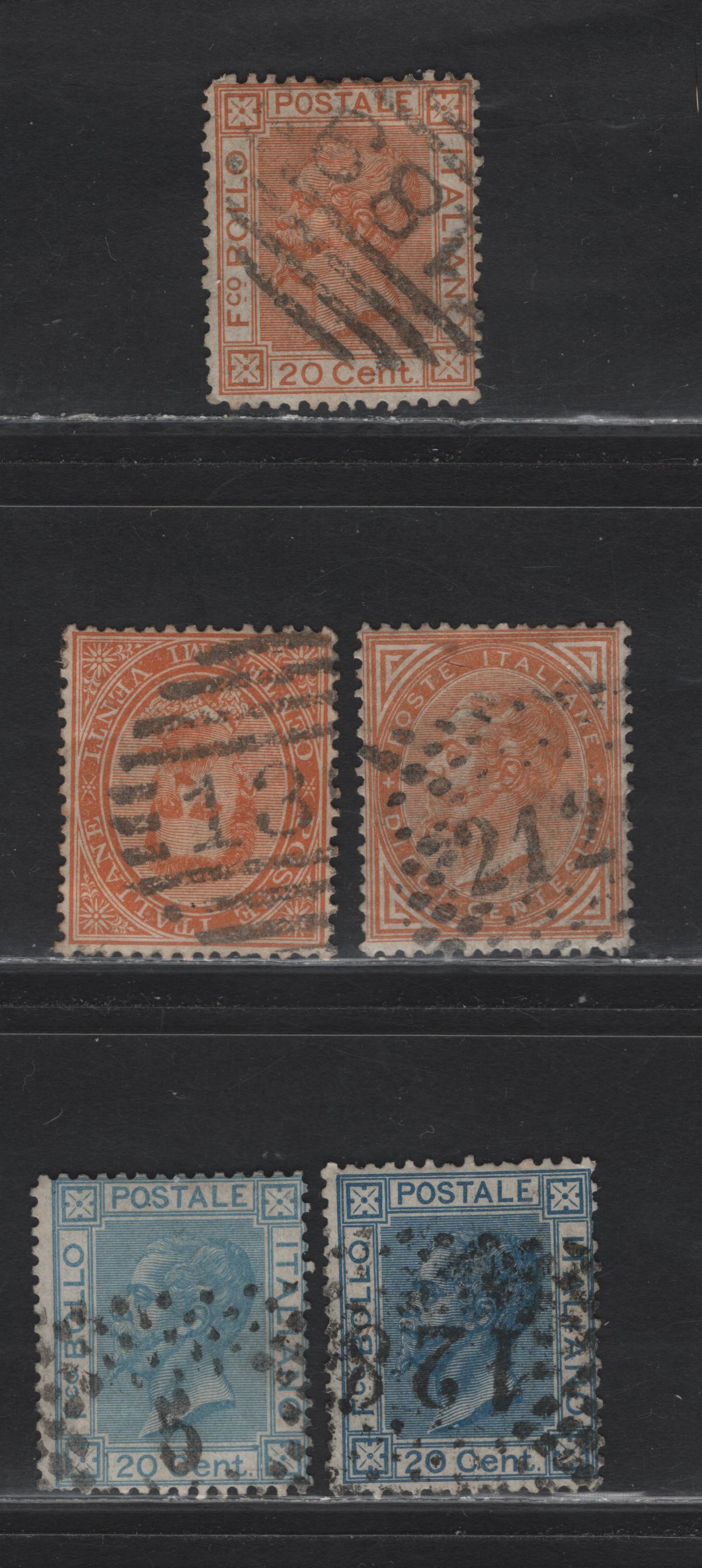 Lot 225 Italy SC#27, 35, 35a, 36, 47 10c-20c Buff-Orange Victor Emmanuel & Humbert I, 1863-1877 Victor Emmanuel Keyplates, 4 Fine & VF Used Singles With SON Barred & Dotted Numeral Cancels