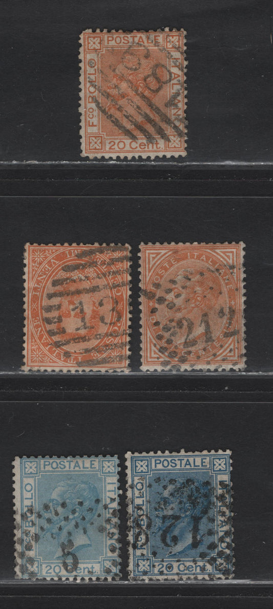 Lot 225 Italy SC#27, 35, 35a, 36, 47 10c-20c Buff-Orange Victor Emmanuel & Humbert I, 1863-1877 Victor Emmanuel Keyplates, 4 Fine & VF Used Singles With SON Barred & Dotted Numeral Cancels
